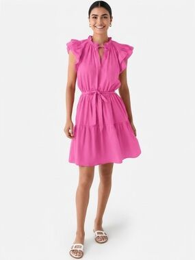 Stark X Austin Cotton Dress Flutter Sleeve Ruffle Collar Split VNeck Tie Waist
